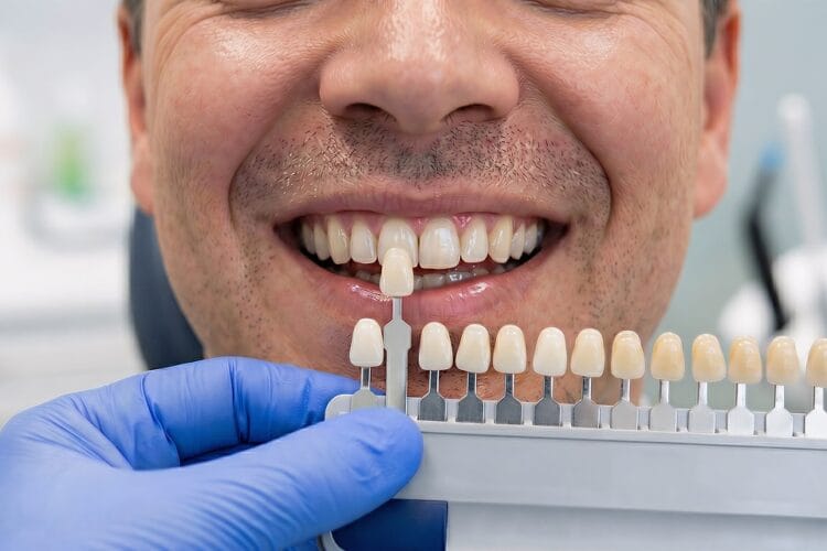 Dentist matching veneer shade to patient's natural teeth