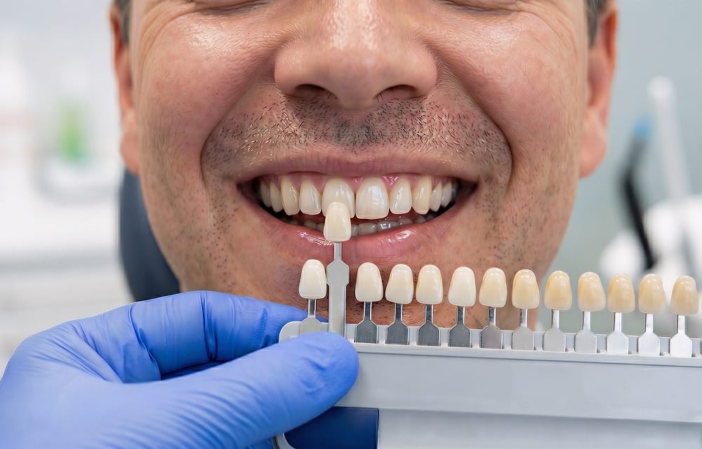 Dentist matching veneer shade to patient's natural teeth